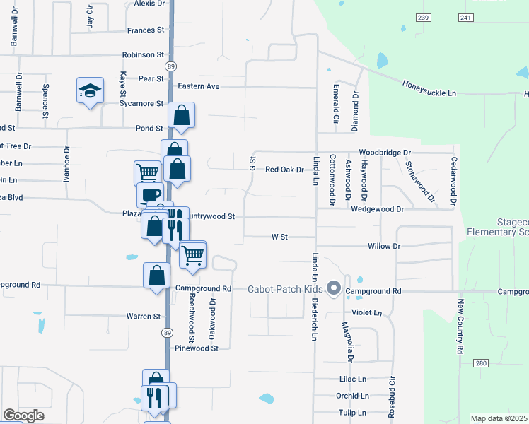 map of restaurants, bars, coffee shops, grocery stores, and more near 29 Countrywood Street in Cabot