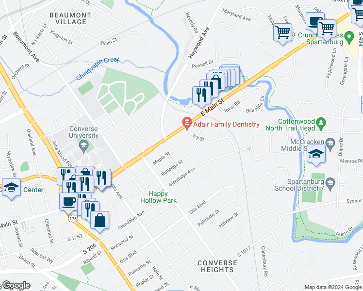 map of restaurants, bars, coffee shops, grocery stores, and more near 785 Maple Street in Spartanburg
