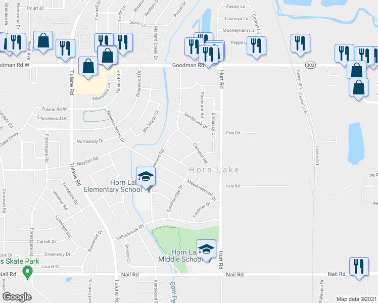 map of restaurants, bars, coffee shops, grocery stores, and more near 6545 Hermitage Road in Horn Lake