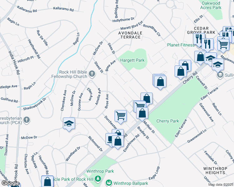 map of restaurants, bars, coffee shops, grocery stores, and more near 1100 Chandler Drive in Rock Hill