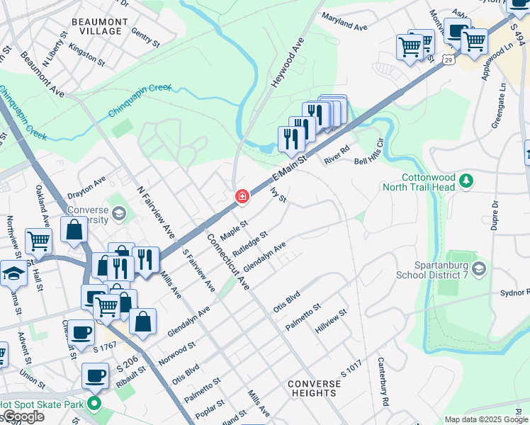 map of restaurants, bars, coffee shops, grocery stores, and more near 789 Maple Street in Spartanburg