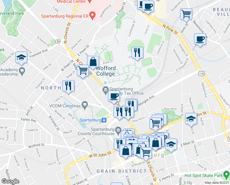 map of restaurants, bars, coffee shops, grocery stores, and more near 385 North Church Street in Spartanburg