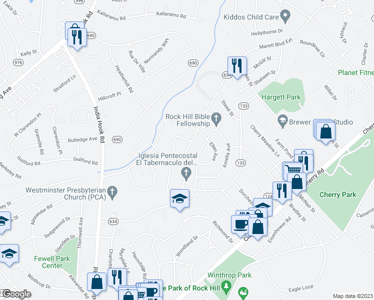 map of restaurants, bars, coffee shops, grocery stores, and more near 1119 McDow Drive in Rock Hill