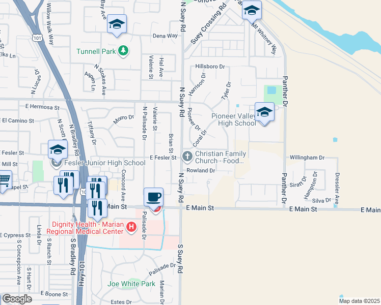 map of restaurants, bars, coffee shops, grocery stores, and more near 1610 Coral Drive in Santa Maria