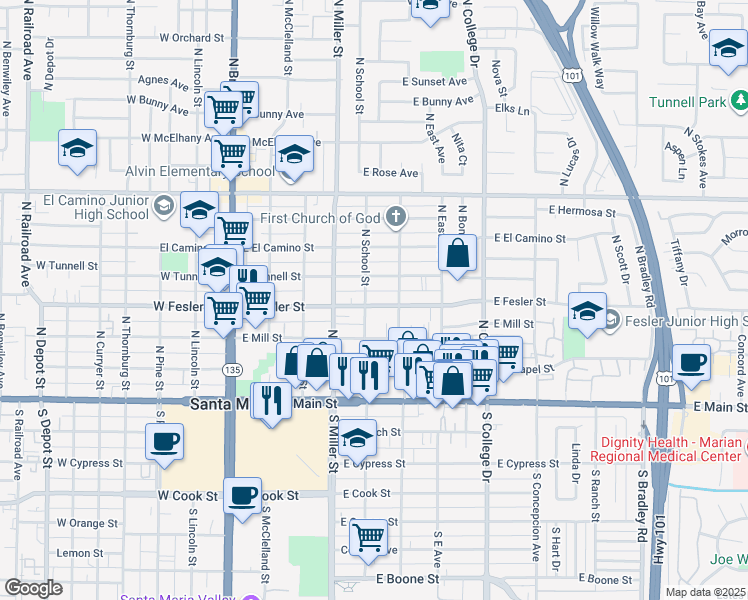 map of restaurants, bars, coffee shops, grocery stores, and more near 505 East Fesler Street in Santa Maria