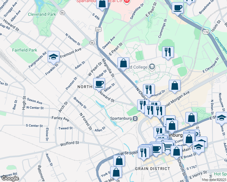 map of restaurants, bars, coffee shops, grocery stores, and more near Raindrop Street in Spartanburg