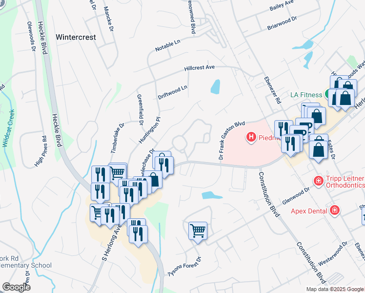 map of restaurants, bars, coffee shops, grocery stores, and more near 356 South Herlong Avenue in Rock Hill