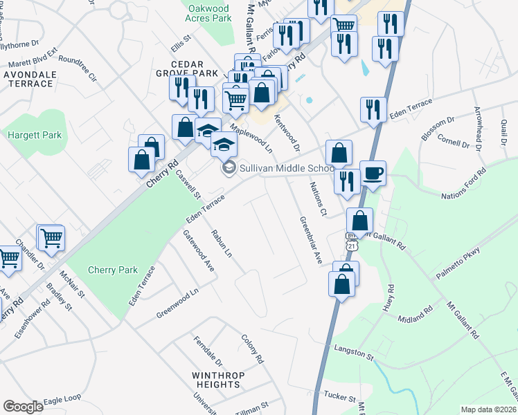 map of restaurants, bars, coffee shops, grocery stores, and more near 790 Wofford Street in Rock Hill