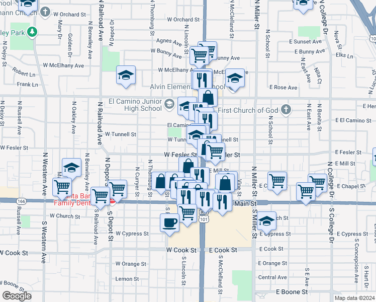 map of restaurants, bars, coffee shops, grocery stores, and more near 129 West Fesler Street in Santa Maria