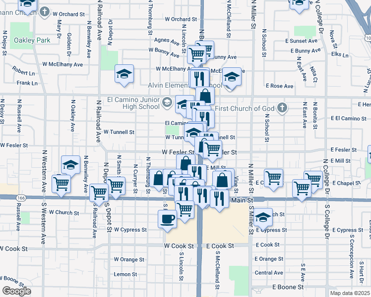 map of restaurants, bars, coffee shops, grocery stores, and more near 129 West Fesler Street in Santa Maria