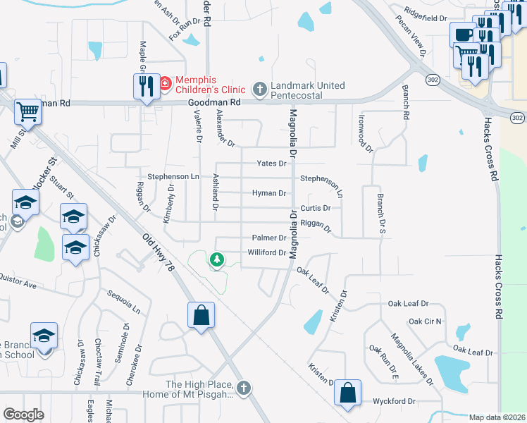 map of restaurants, bars, coffee shops, grocery stores, and more near 10143 Riggan Drive in Olive Branch