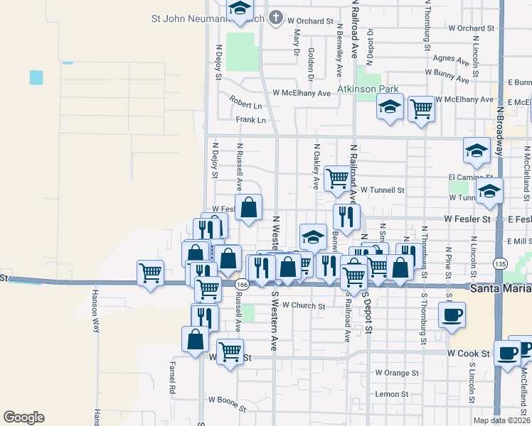 map of restaurants, bars, coffee shops, grocery stores, and more near 1013 Rosewood Drive in Santa Maria