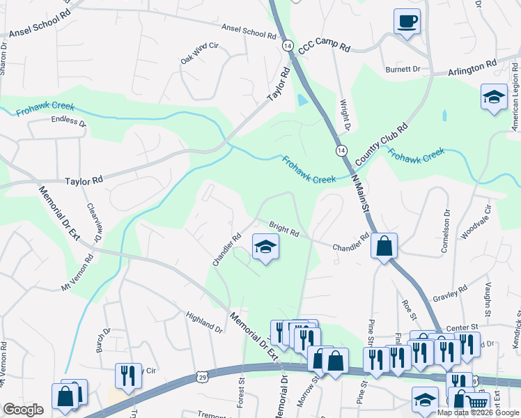 map of restaurants, bars, coffee shops, grocery stores, and more near 310 Chandler Road in Greer