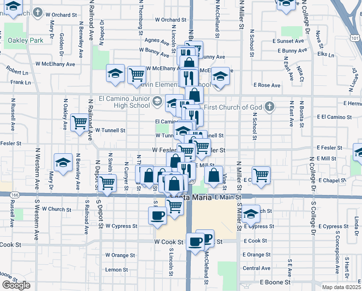 map of restaurants, bars, coffee shops, grocery stores, and more near 112 West Tunnell Street in Santa Maria