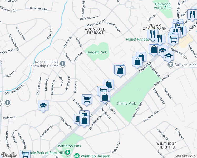 map of restaurants, bars, coffee shops, grocery stores, and more near 1102 Farm Pond Lane in Rock Hill