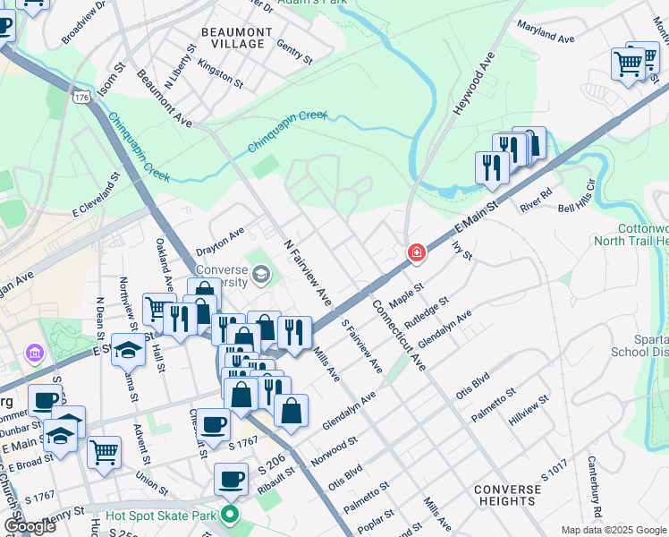 map of restaurants, bars, coffee shops, grocery stores, and more near 152 Lucky Penny Lane in Spartanburg