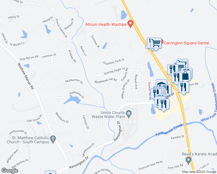 map of restaurants, bars, coffee shops, grocery stores, and more near 8427 Fairlight Drive in Waxhaw