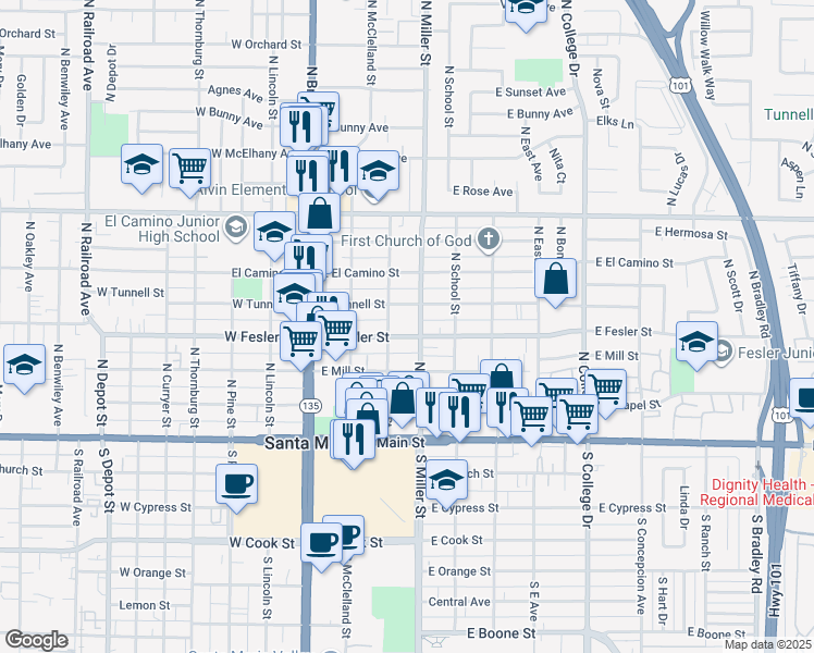 map of restaurants, bars, coffee shops, grocery stores, and more near 312 East Tunnell Street in Santa Maria