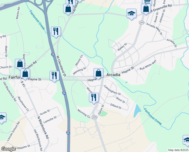 map of restaurants, bars, coffee shops, grocery stores, and more near 130 West Cleveland Street in Spartanburg