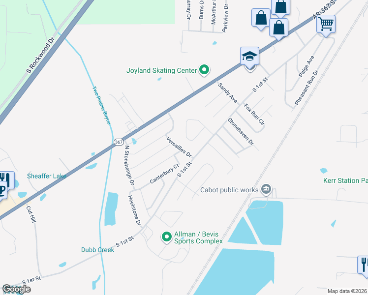 map of restaurants, bars, coffee shops, grocery stores, and more near 2412 Versailles Drive in Cabot