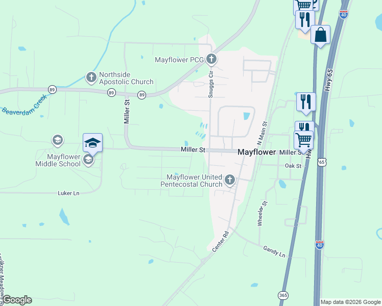 map of restaurants, bars, coffee shops, grocery stores, and more near 45 Arkansas 89 in Mayflower