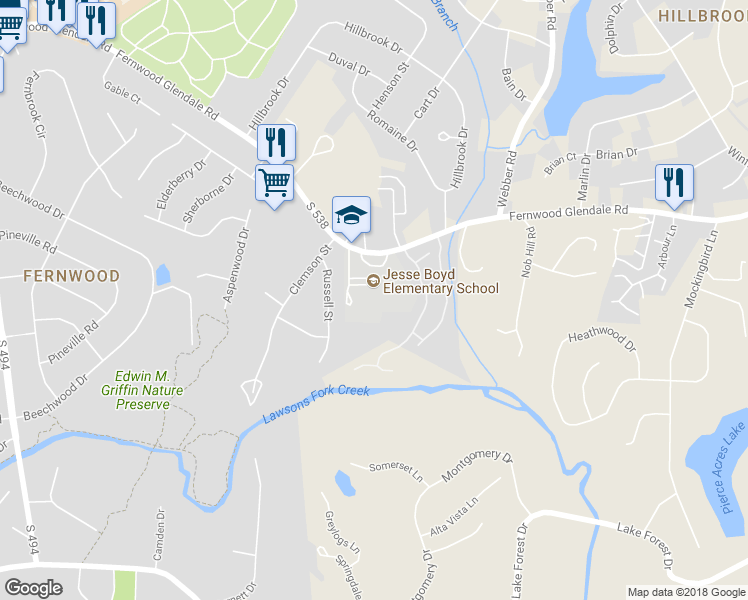 map of restaurants, bars, coffee shops, grocery stores, and more near 1505 Fernwood Glendale Road in Spartanburg
