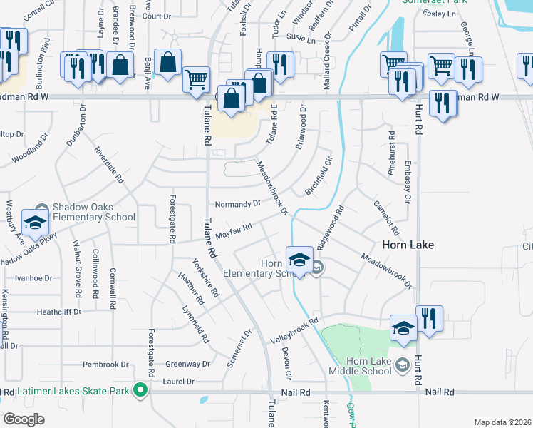 map of restaurants, bars, coffee shops, grocery stores, and more near 3016 Mayfair Road in Horn Lake