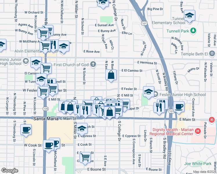 map of restaurants, bars, coffee shops, grocery stores, and more near 501 North Bonita Street in Santa Maria
