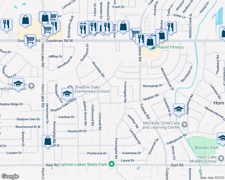 map of restaurants, bars, coffee shops, grocery stores, and more near 6570 Riverdale Road in Horn Lake