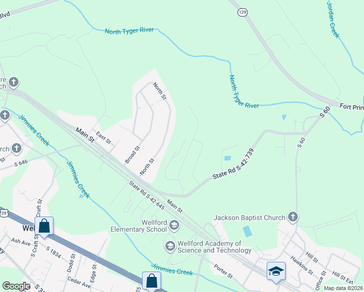 map of restaurants, bars, coffee shops, grocery stores, and more near 130 North Street in Wellford