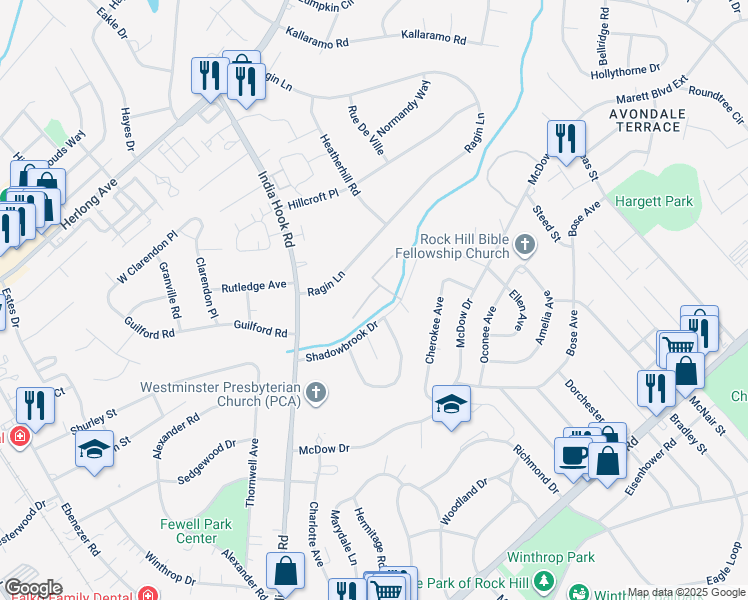map of restaurants, bars, coffee shops, grocery stores, and more near 802 Bridgewood Drive in Rock Hill