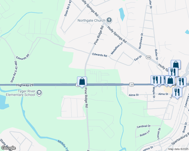 map of restaurants, bars, coffee shops, grocery stores, and more near 432 Madison Creek Court in Lyman