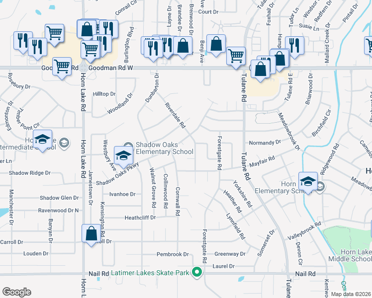 map of restaurants, bars, coffee shops, grocery stores, and more near 3500 Shadow Oaks Parkway in Horn Lake