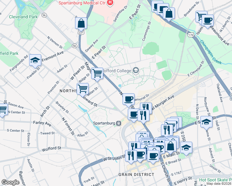 map of restaurants, bars, coffee shops, grocery stores, and more near 427 North Church Street in Spartanburg