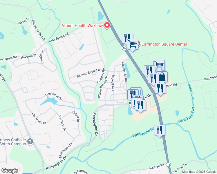 map of restaurants, bars, coffee shops, grocery stores, and more near 8112 Whitehawk Hill Road in Waxhaw