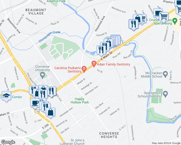 map of restaurants, bars, coffee shops, grocery stores, and more near 784 Maple Street in Spartanburg