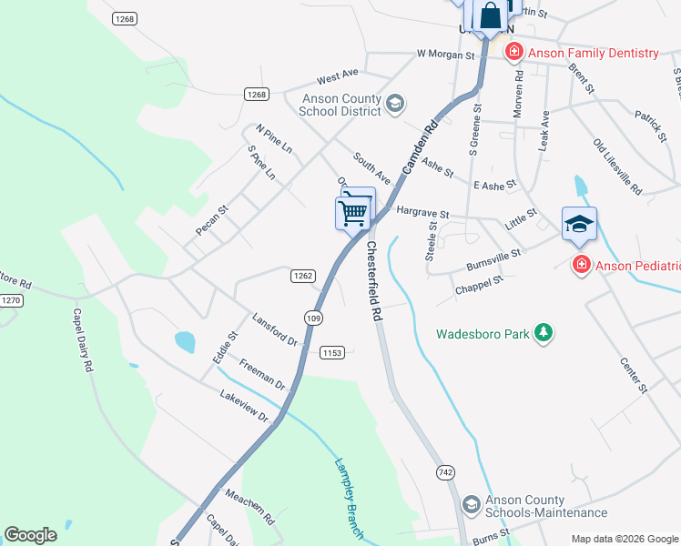 map of restaurants, bars, coffee shops, grocery stores, and more near 1003 Camden Road in Wadesboro