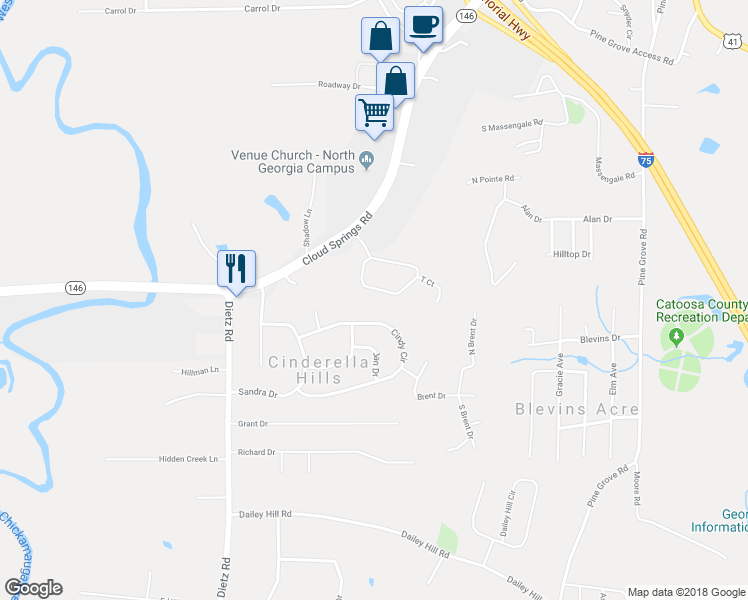 map of restaurants, bars, coffee shops, grocery stores, and more near 172 Timber Ridge Trail in Ringgold