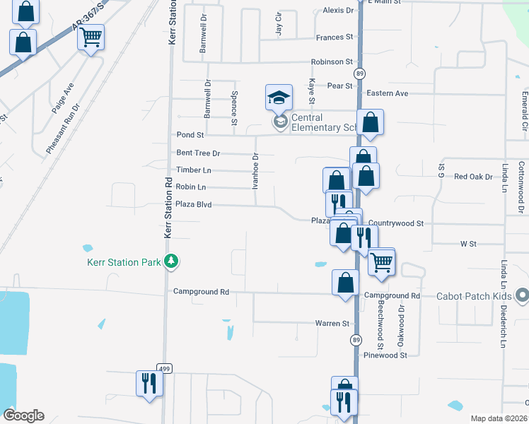 map of restaurants, bars, coffee shops, grocery stores, and more near 29 Ivanhoe Drive in Cabot