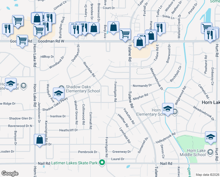 map of restaurants, bars, coffee shops, grocery stores, and more near 6695 Forestgate Road in Horn Lake