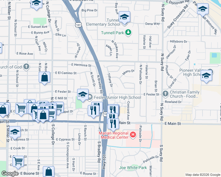 map of restaurants, bars, coffee shops, grocery stores, and more near 409 Tiffany Drive in Santa Maria