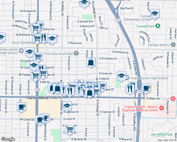 map of restaurants, bars, coffee shops, grocery stores, and more near 501 North Bonita Street in Santa Maria