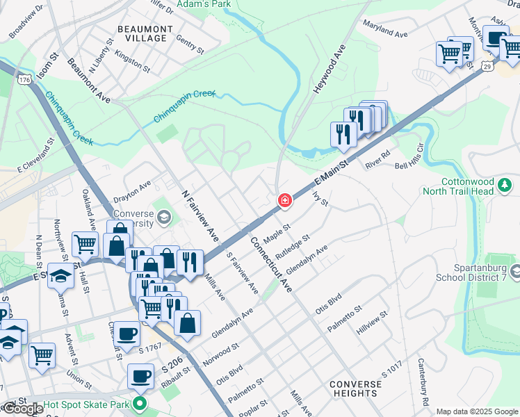 map of restaurants, bars, coffee shops, grocery stores, and more near 147 Oakwood Avenue in Spartanburg