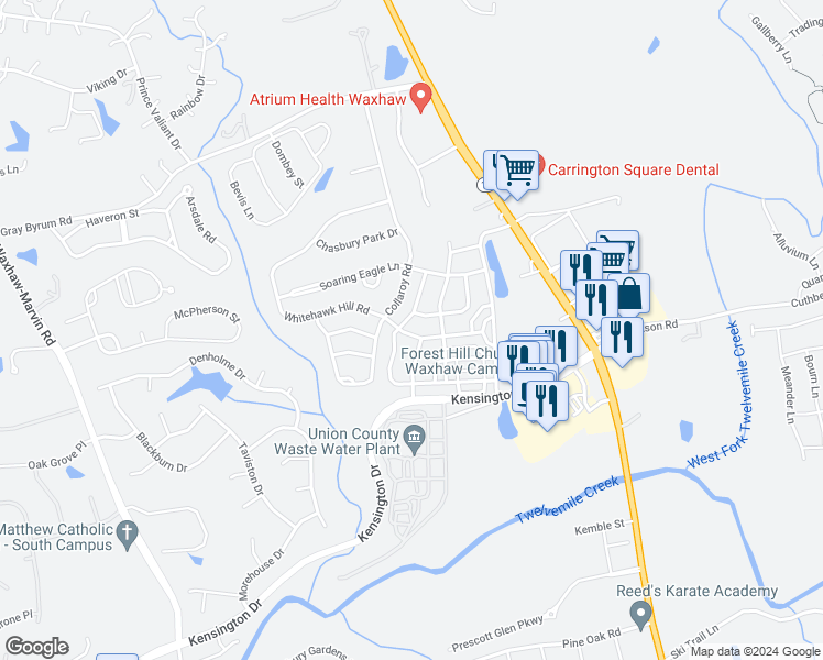 map of restaurants, bars, coffee shops, grocery stores, and more near 8208 Whitehawk Hill Road in Waxhaw