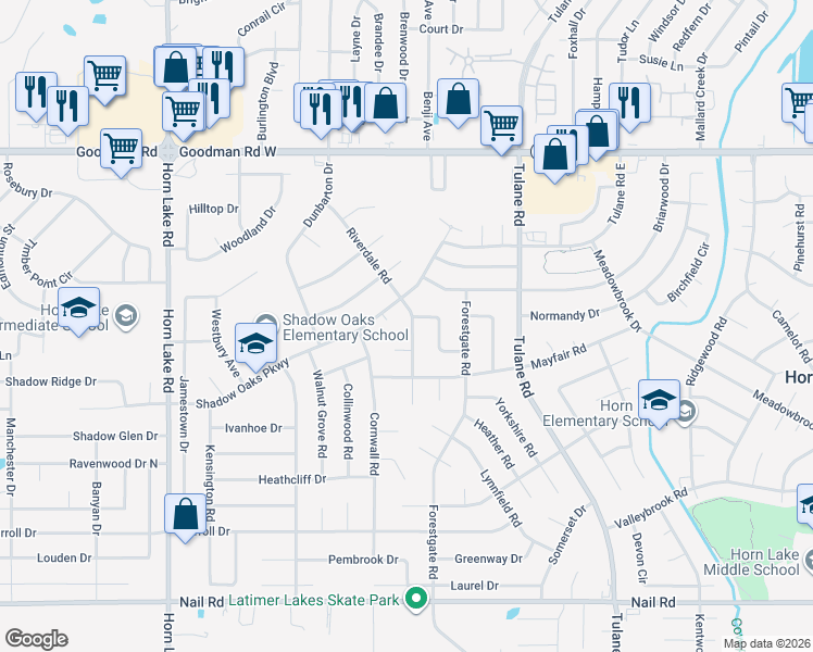 map of restaurants, bars, coffee shops, grocery stores, and more near 3530 Castle Drive in Horn Lake