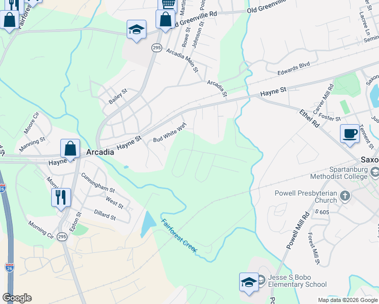 map of restaurants, bars, coffee shops, grocery stores, and more near 169 Bud White Way in Arcadia
