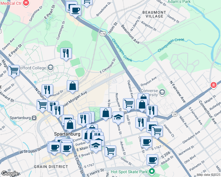 map of restaurants, bars, coffee shops, grocery stores, and more near 348 North Dean Street in Spartanburg