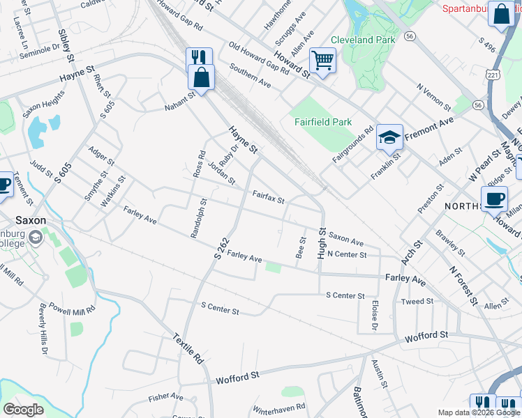 map of restaurants, bars, coffee shops, grocery stores, and more near 791 Fairfax Street in Spartanburg