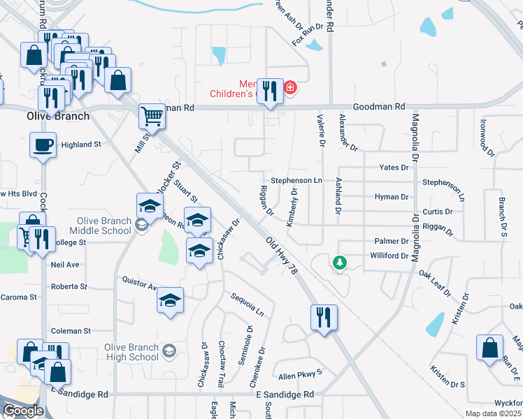 map of restaurants, bars, coffee shops, grocery stores, and more near 9801 Riggan Drive in Olive Branch