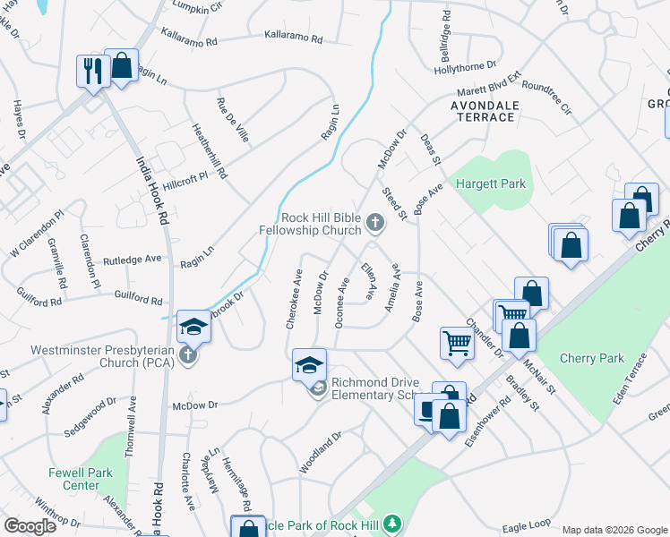 map of restaurants, bars, coffee shops, grocery stores, and more near 1203 McDow Drive in Rock Hill